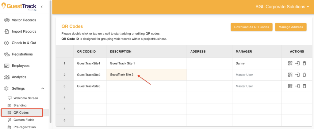 How to set up qr codes for multiple sites guesttrack