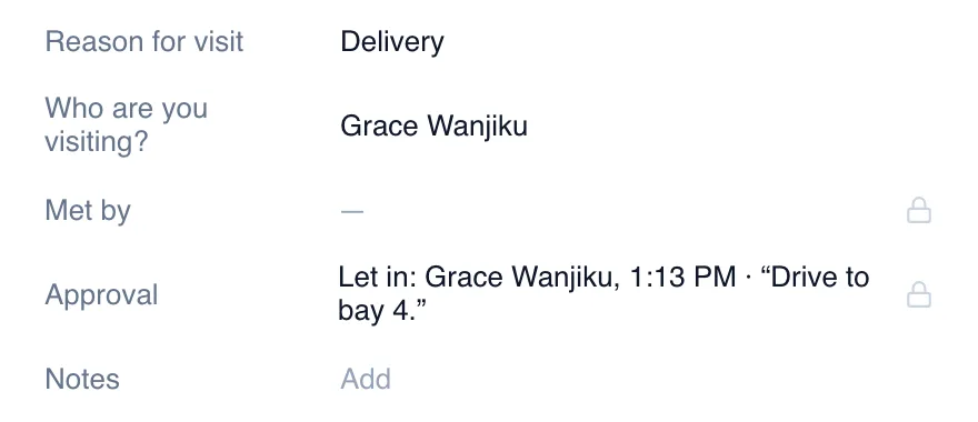 Joseph Kariuki's visit in Visitor Records: Approval, Let in: Grace Wanjiku, 1:13 PM, Drive to bay 4.