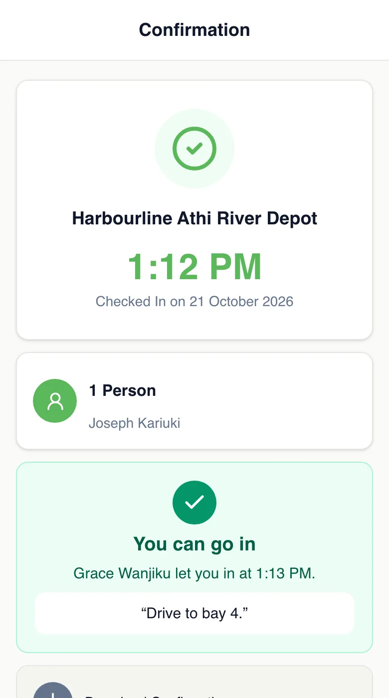 The same phone a minute later: You can go in, with the message Drive to bay 4.