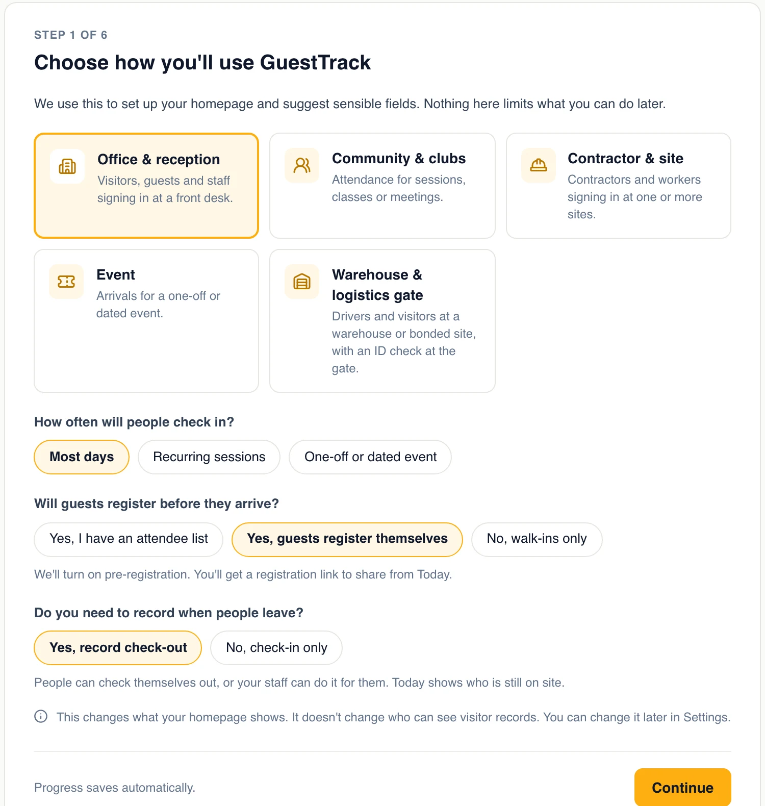 Step 1 of Get started: choose Office and reception, Community and clubs, Contractor and site, Event, or Warehouse and logistics gate