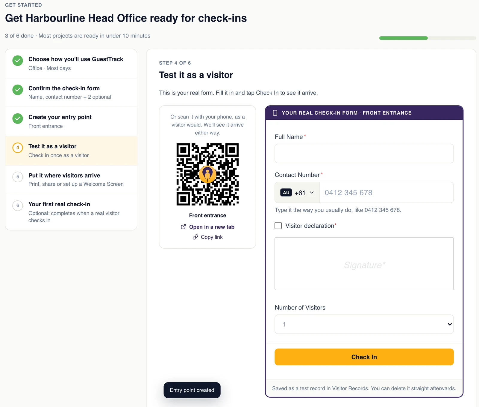 Step 4 of Get started: the QR code for Front entrance next to the real check-in form, ready for a test check-in