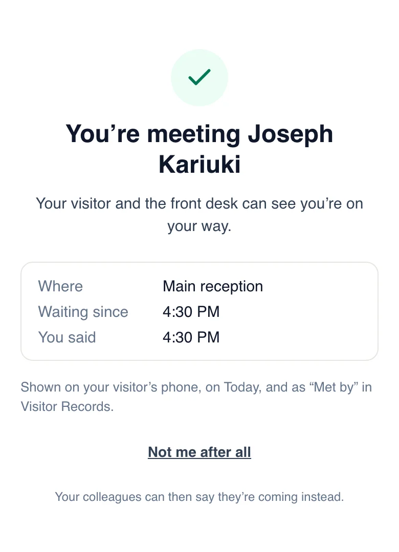 Grace's phone after tapping: You're meeting Joseph Kariuki, at Main reception, with Not me after all