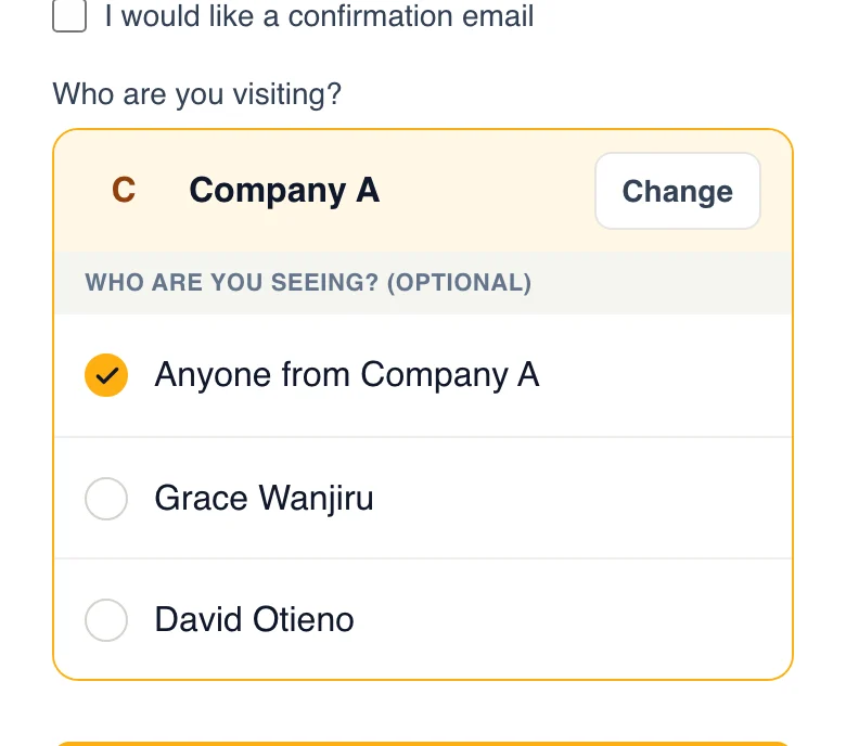 The check-in form: Company A picked, with Anyone from Company A ticked and Grace Wanjiru and David Otieno to choose from