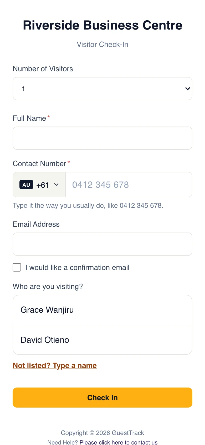 The check-in form asking Who are you visiting? with Grace Wanjiru and David Otieno, and Not listed? Type a name