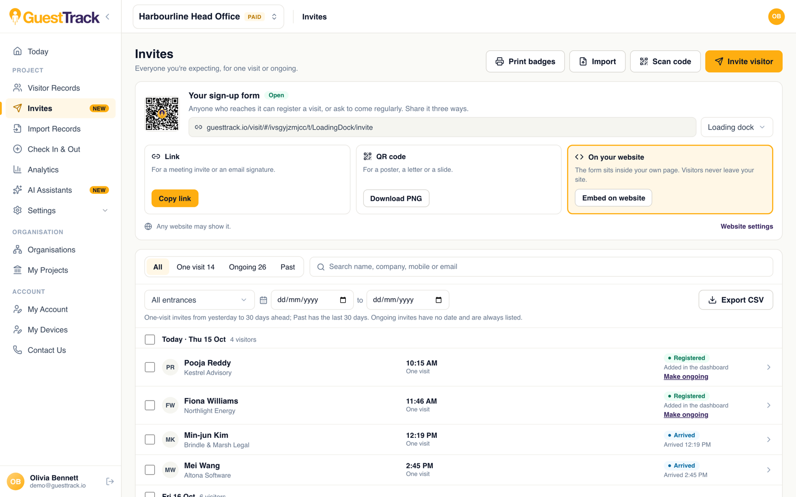 The Invites page: your sign-up form at the top, then everyone expected by day, with ongoing invites below