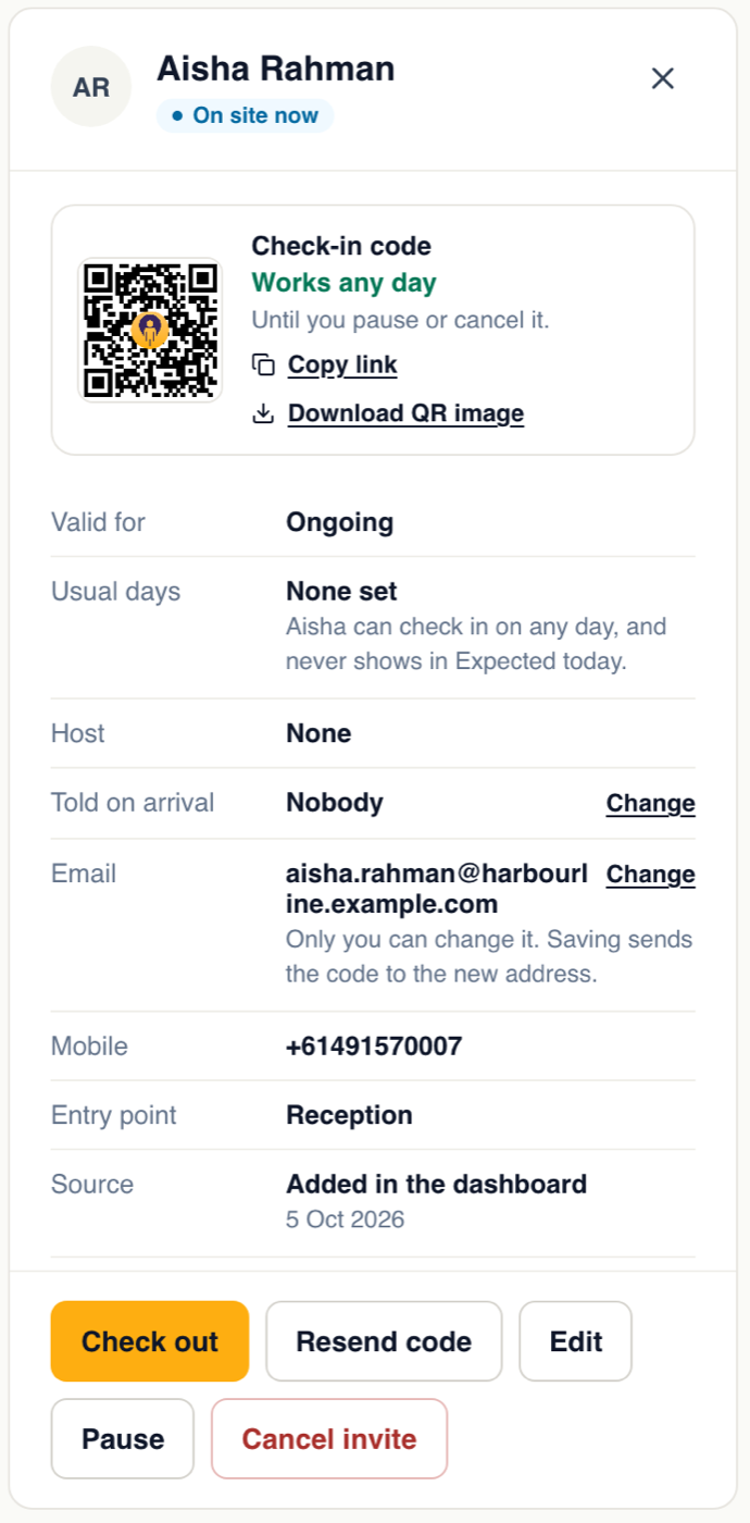 An ongoing invite with its check-in code, its details, and Check out, Resend code, Edit, Pause and Cancel invite