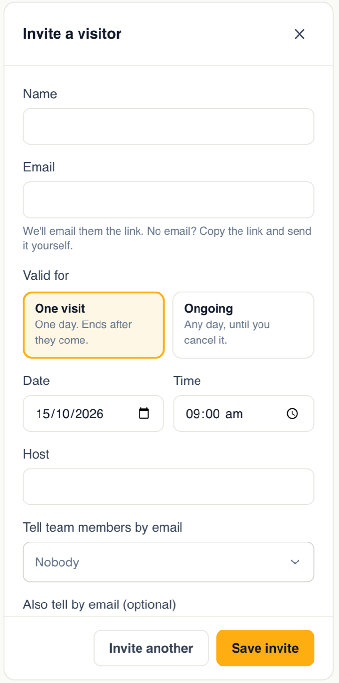The Invite a visitor panel: name, email, one visit or ongoing, date and time, host, and who to tell by email