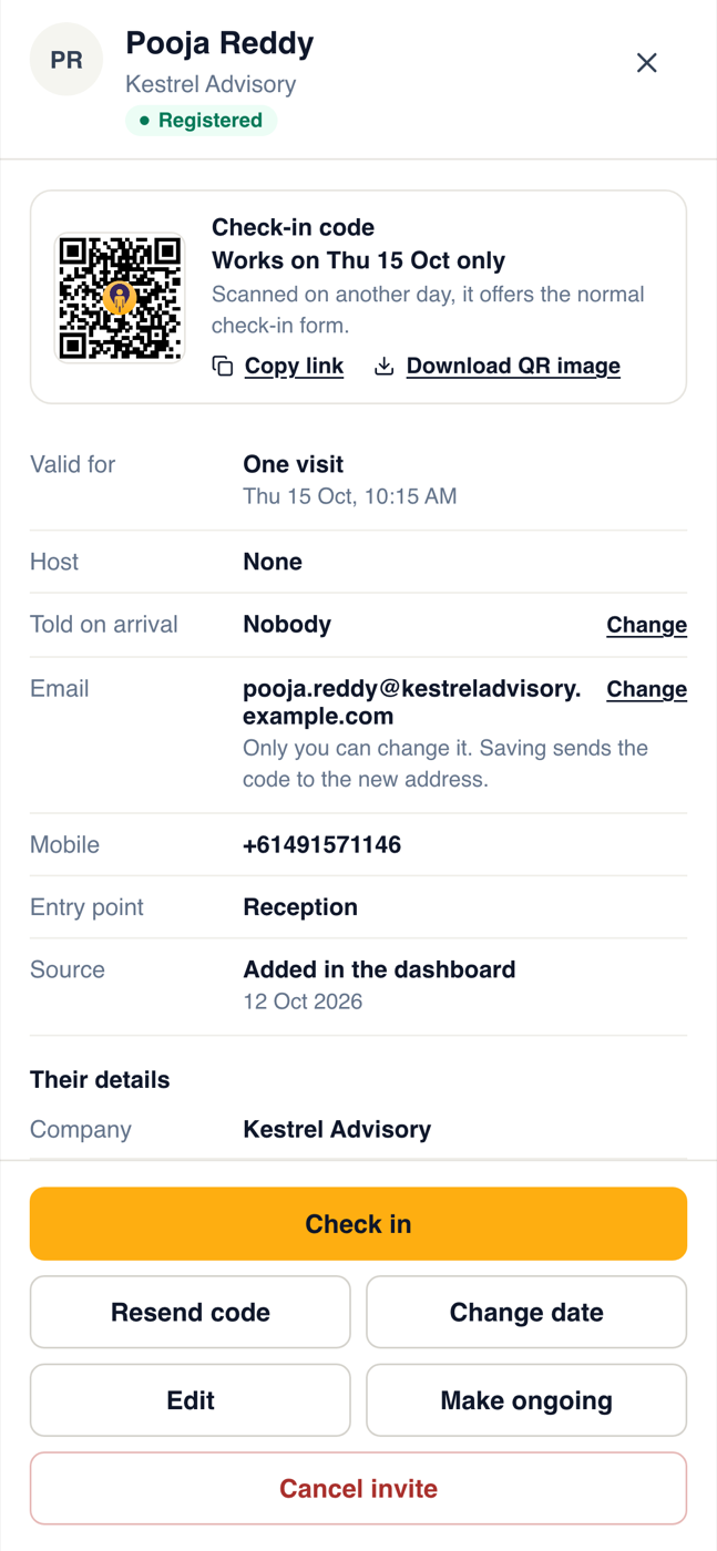 A one-visit invite on a phone, with its check-in code and a Check in button