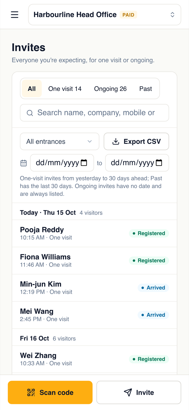 The Invites page on a phone, with Scan code and Invite at the bottom