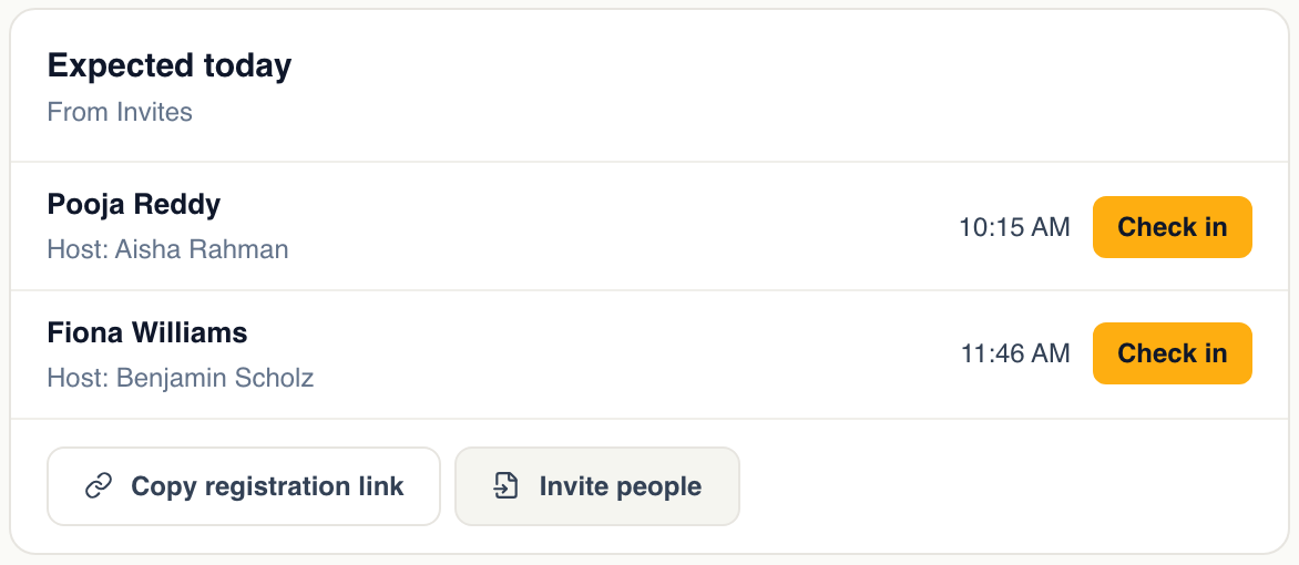 Expected today on the Today page: each person invited for today, their host, the time, and a Check in button