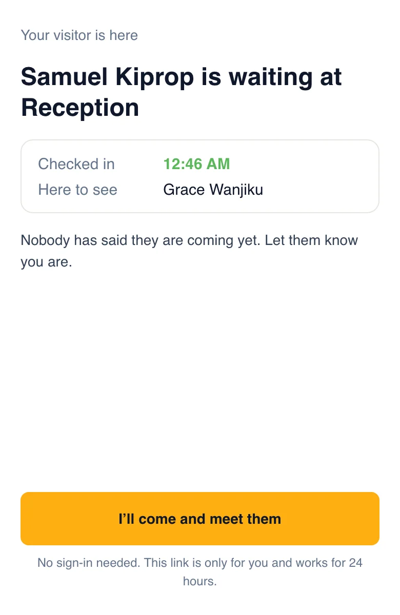 Grace's page: Samuel Kiprop is waiting at Reception, here to see Grace Wanjiku, with the button I'll come and meet them