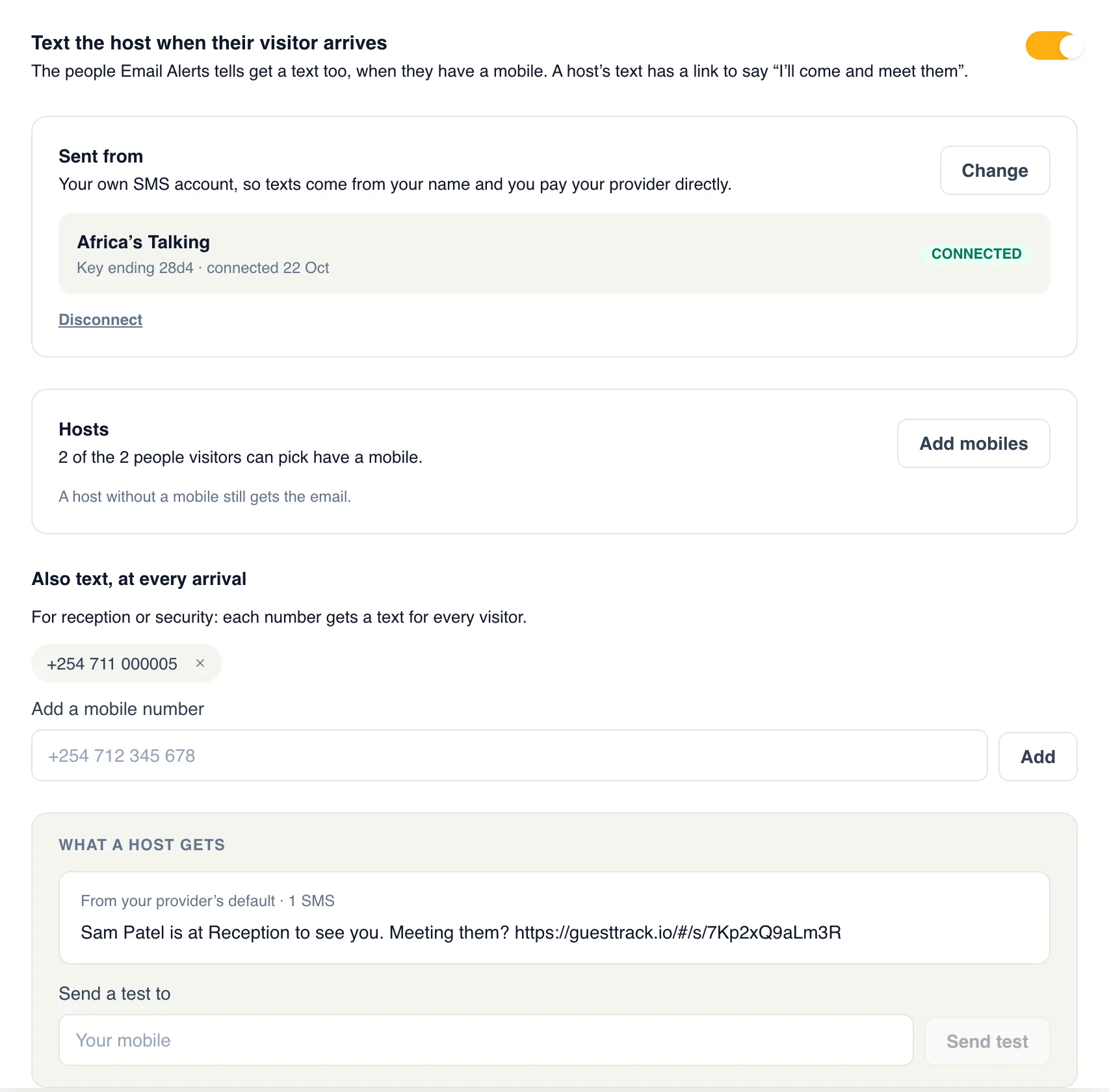 SMS in Check-in Setup: Africa's Talking connected, 2 of 2 hosts with a mobile, a reception number for every arrival, and the text a host gets