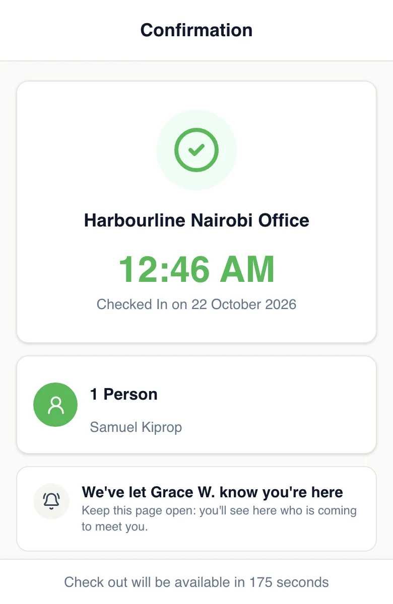 Samuel's phone after checking in: We've let Grace W. know you're here.