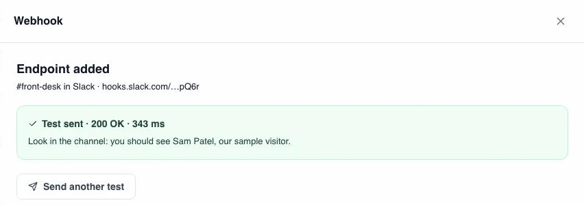 GuestTrack: Endpoint added, #front-desk in Slack. Test sent · 200 OK · 343 ms