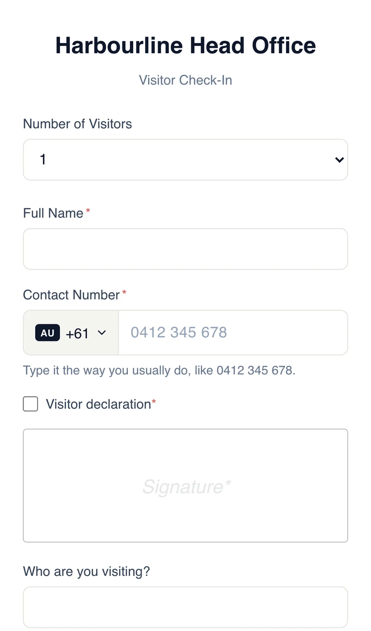 The check-in form a visitor sees on their phone after scanning the QR code