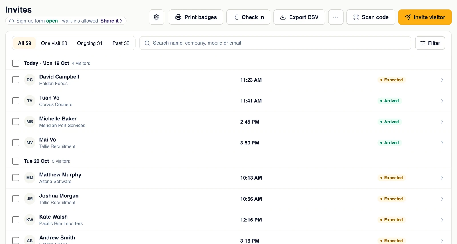 The Invites list: today's expected and arrived guests, then the coming days
