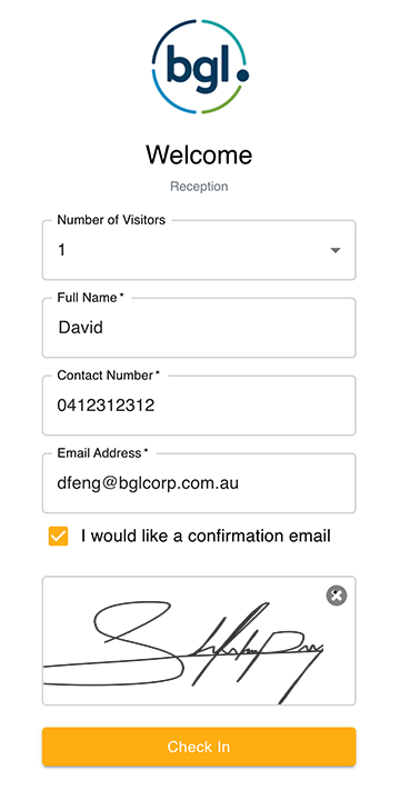 GuestTrack check-in interface showing visitor scanning QR code